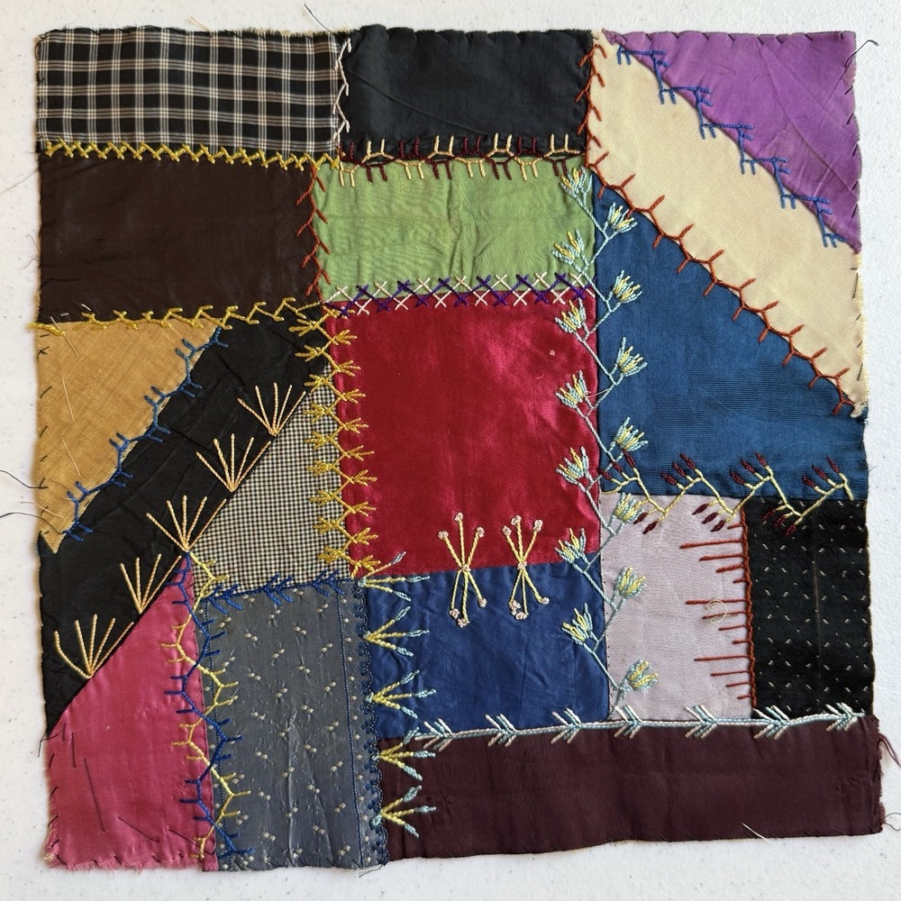 Antique Victorian Crazy Quilt Block Silk Floral Embroidery Hand Stitched Patches